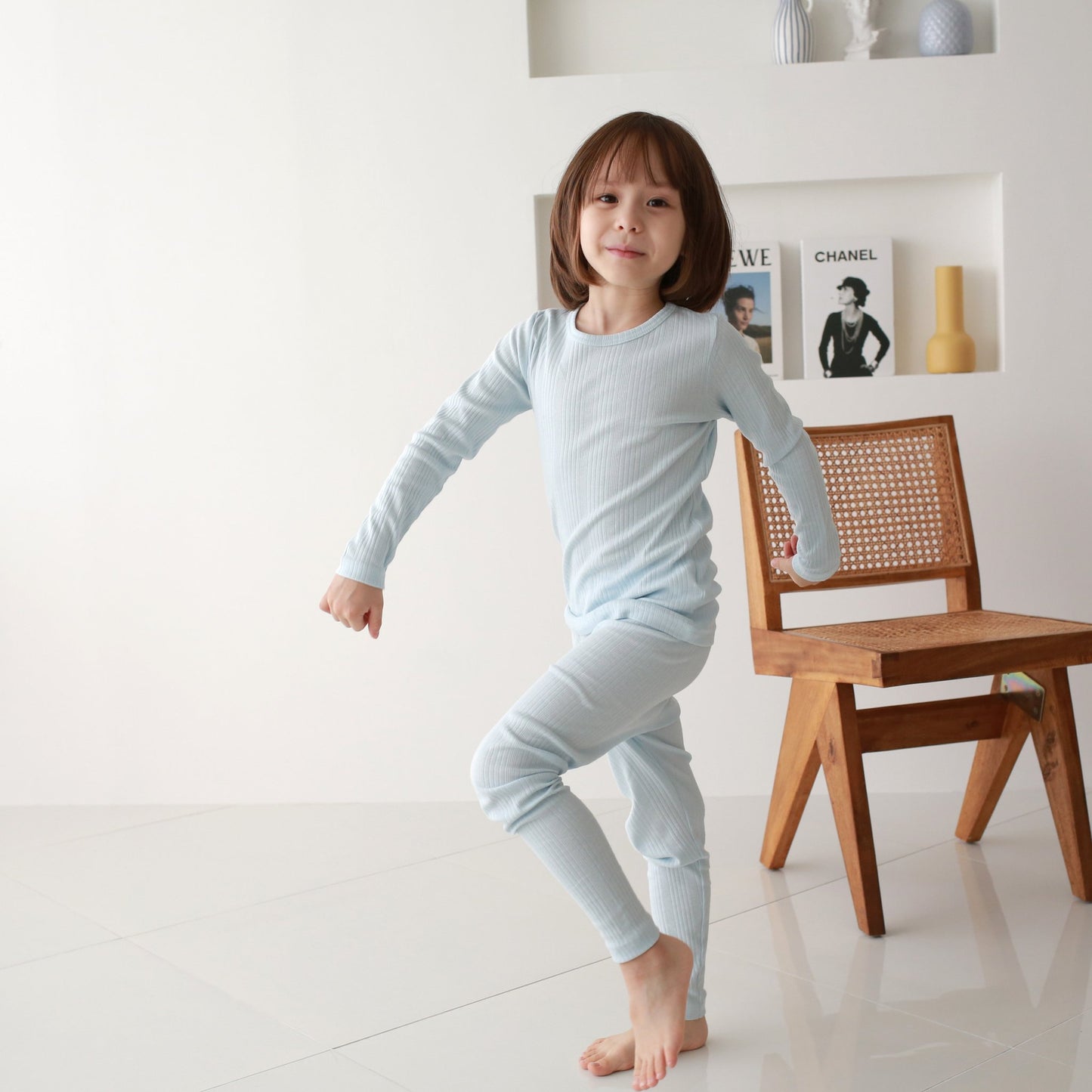 Withorganic Kids Long Sleeve Pajama Set - Ribbed Knit 3pcs - Cloud Blue